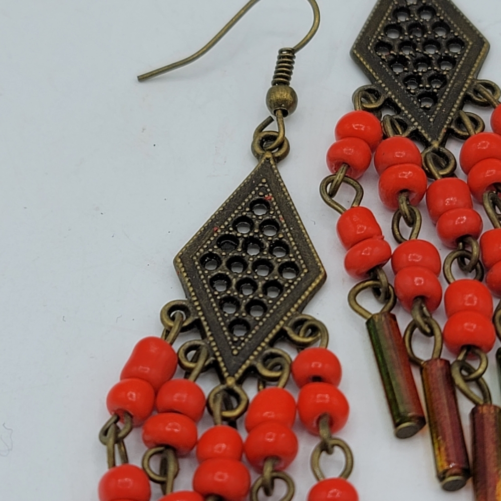 Handmade Czech Glass Beaded Brass Chandelier Earrings Vintage, 3.5" - Picture 2 of 9